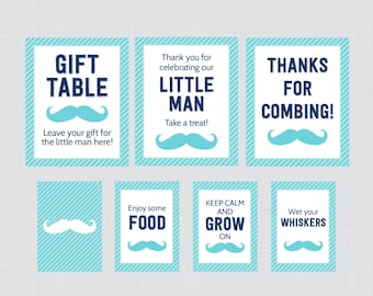 Printable Mustache Baby Shower Table Signs - EIGHT Signs! Welcome Sign, Favors Sign, etc - Instant Download - Blue and Aqua Mustache 0002-A