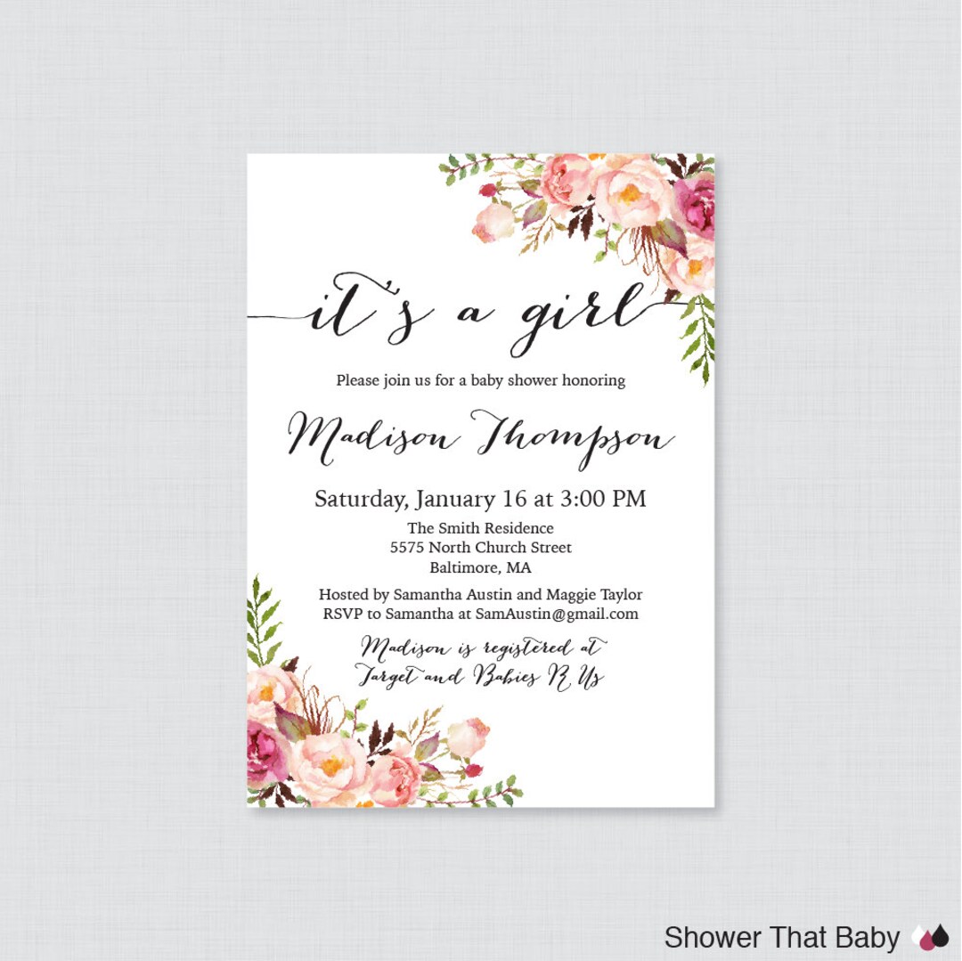 Pink Floral Baby Shower Invitation Printable or Printed - Rustic Pink Flower Baby Shower Invites ...