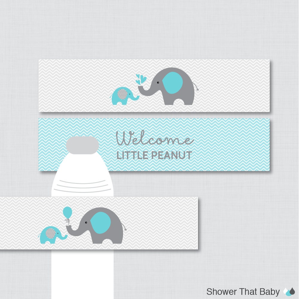 Elephant Water Bottle Labels Baby Shower Printable Aqua and - Etsy