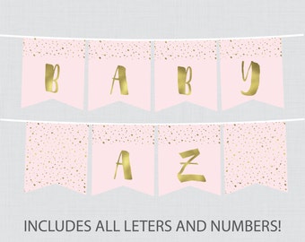 Printable Pink and Gold Baby Shower Banner - Faux Gold Foil, Customizable DIY Banner Printable with ALL Letters And Numbers - 0022-P