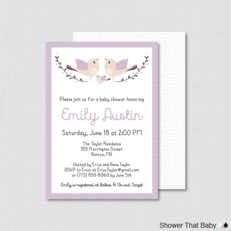 Purple Birdie Baby Shower Invites Bird Shower Invitation Baby Girl Invitation Bird Baby Shower Invitation Printable or Printed 0037-R