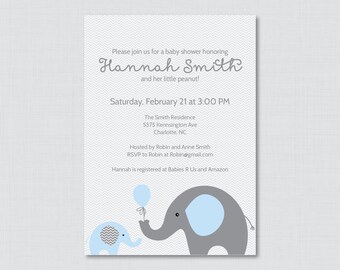 Elephant Baby Shower Invitation Printable or Printed Invite - Elephant Baby Shower Invites in Blue and Gray and Chevron Baby Boy - 0024-B