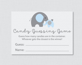 Elephant Baby Shower Candy Guessing Game Printable - Guess How Many Candies, M&Ms, Peanuts - Instant Download - Blue Gray Elephant 0024-B