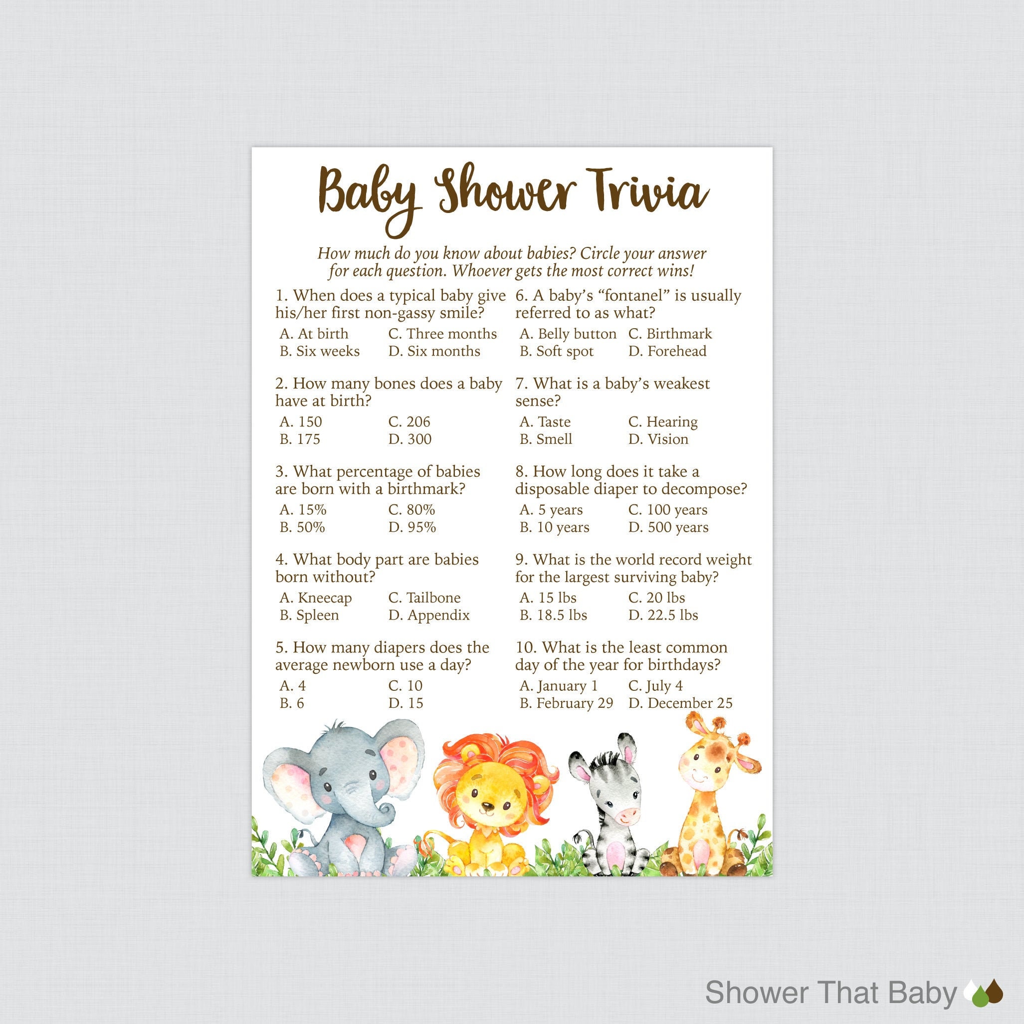 Safari Baby Shower Trivia Game Printable Safari Animal Etsy