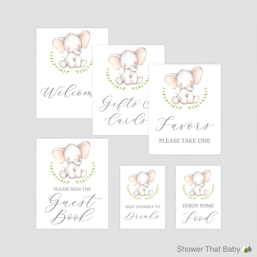 Printable Watercolor Elephant Baby Shower Table Signs SIX Signs Welcome ...
