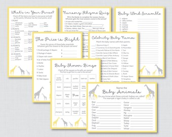 Giraffe Baby Shower Games Package in Yellow and Gray - Seven Printable Games: Bingo, Price is Right, etc - Instant Download - 0011-Y