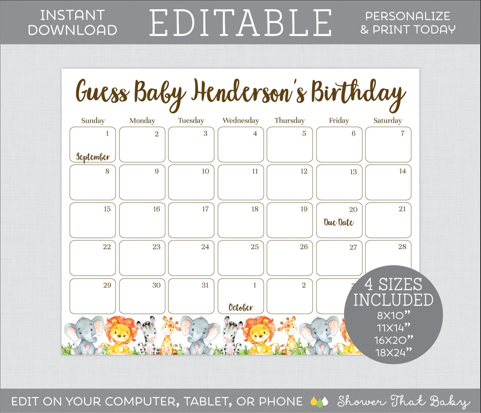 EDITABLE Birthday Prediction Calendar Safari Baby Shower Etsy