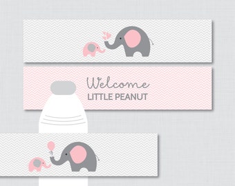 Elephant Water Bottle Labels Baby Shower Printable - Pink and Gray Elephant - Welcome Little Peanut - Instant Download - Elephant 0024-P