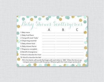 Mint and Gold Baby Shower Scattergories Game - Printable Download - Mint Gold Glitter Baby Shower Game - Baby Scattergories ABC Game 0008-m