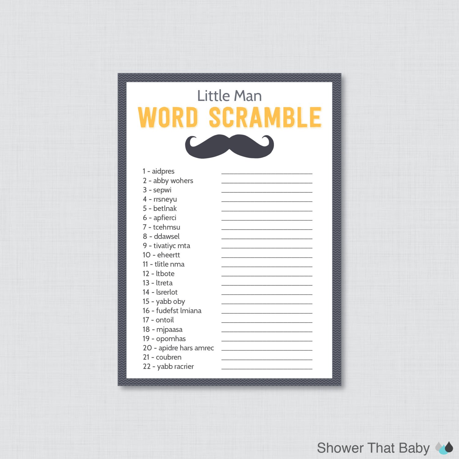Mustache Baby Shower Word Scramble Game Printable Instant - Etsy