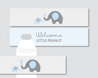 Elephant Water Bottle Labels Baby Shower Printable - Blue and Gray Elephant - Welcome Little Peanut - Instant Download - Elephant 0024-B