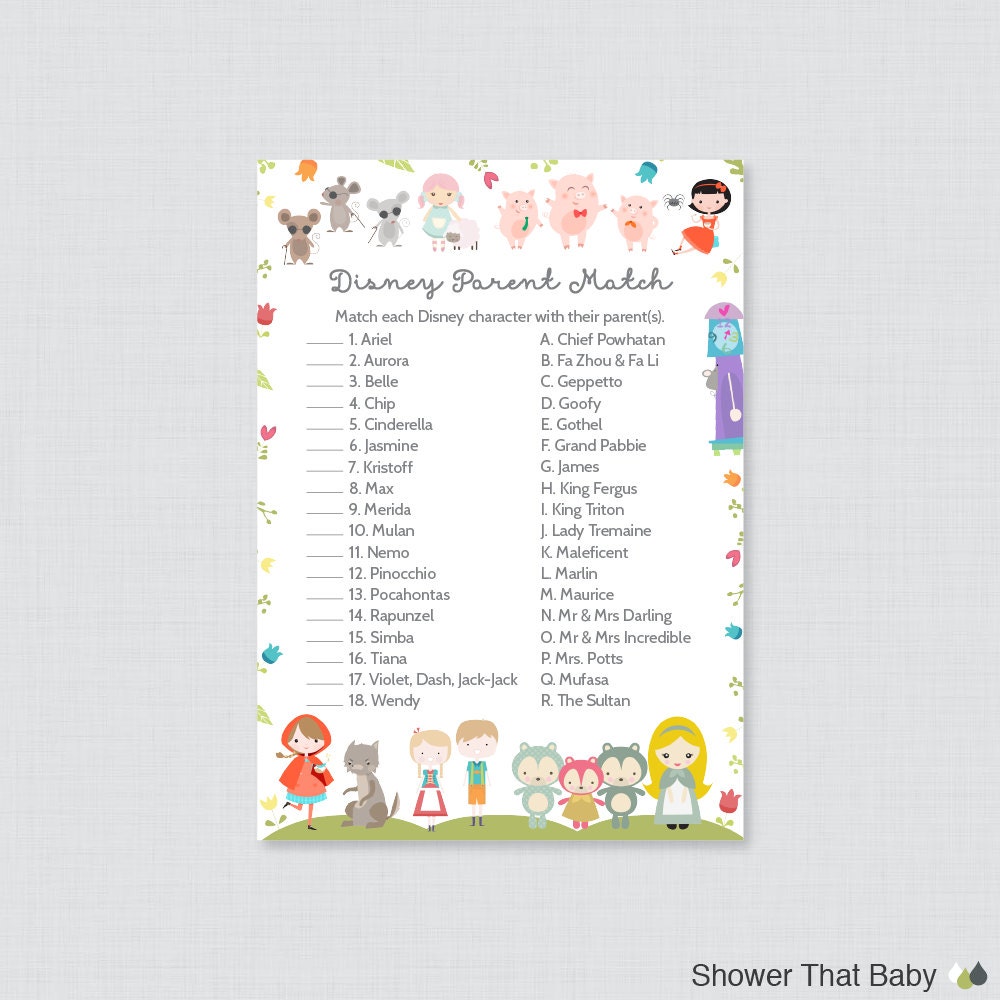 Nursery Rhyme Themed Baby Shower Disney Parent Match Game