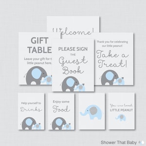 Afdrukbare Elephant Baby Shower Table Signs - ACHT Tekens! Welcome Sign, Favors Sign, etc - Direct downloaden - Blauwe en grijze tekens 0024-B