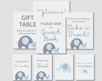 Druckbare Elefant Baby Shower Tischschilder - ACHT Zeichen! Willkommensschild, Gastschild, etc - Sofort Download - Blaue und graue Schilder 0024-B
