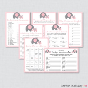 Elephant Baby Shower Games Package in Pink and Gray - Seven Printable Games: Bingo, Price is Right, etc - Instant Download - 0024-P