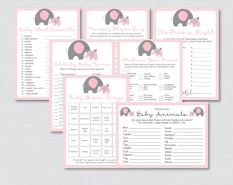 Elephant Baby Shower Games Package in Pink and Gray - Seven Printable Games: Bingo, Price is Right, etc - Instant Download - 0024-P