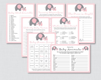 Elephant Baby Shower Games Package in Pink and Gray - Seven Printable Games: Bingo, Price is Right, etc - Instant Download - 0024-P