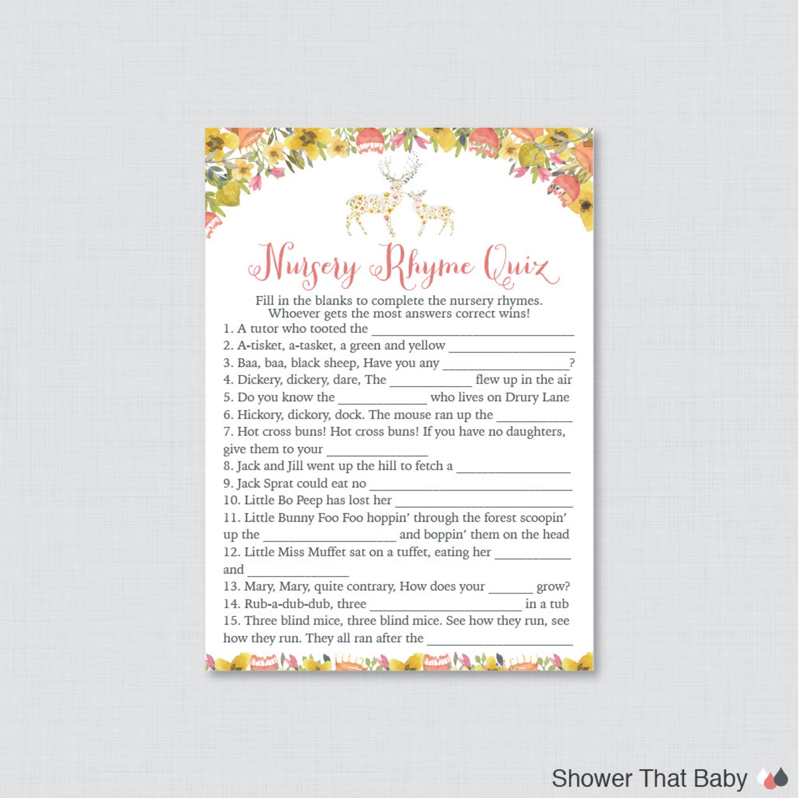 Deer Nursery Rhyme Quiz Baby Shower Game Printable Instant Etsy