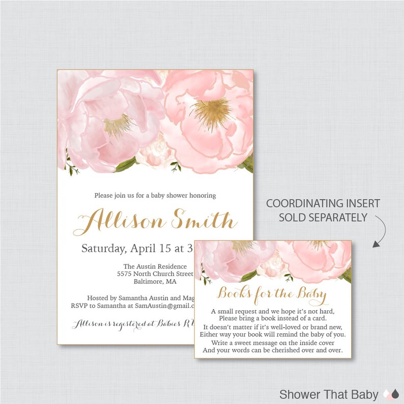 Floral Baby Shower Invitation Printable or Printed Blush Pink and Gold Flower Baby Shower Invites, Elegant Baby Shower Invite Girl 0044 image 2