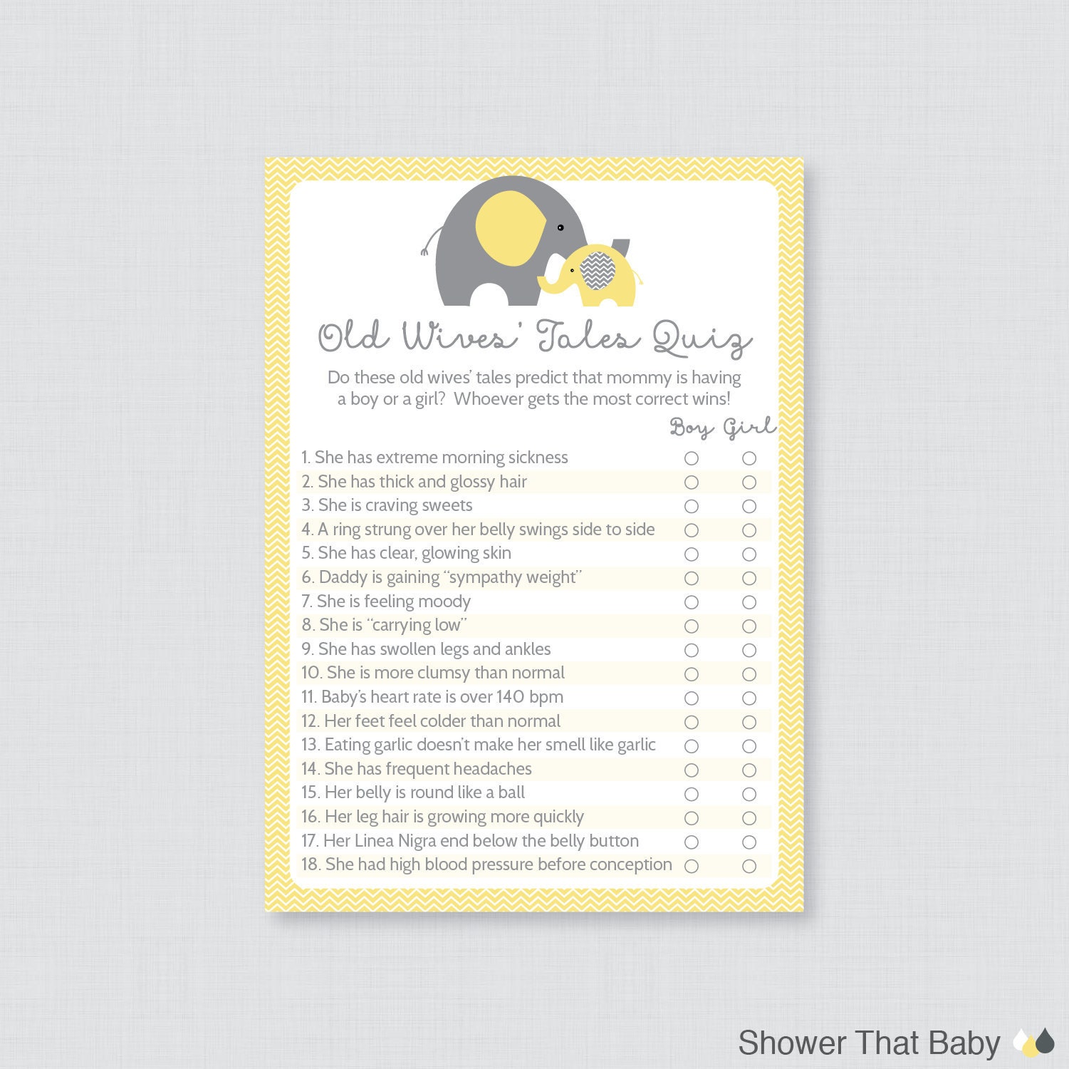 Yellow Elephant Baby Shower Old Wives' Tales Quiz - Etsy Sweden Yellow Elephant Baby Shower Old Wives' Tales Quiz - Etsy Sweden