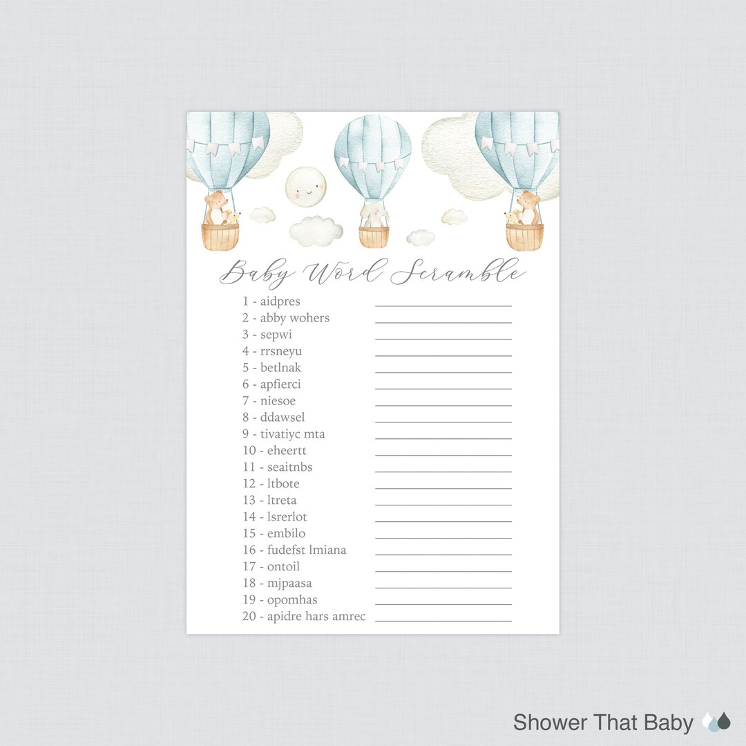 Blue Hot Air Balloon Baby Shower Word Scramble Game - Printable Instant ...