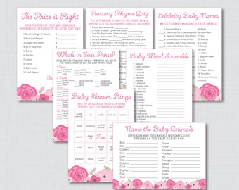 Pink Flowers Baby Shower Games Package - Seven Printable Games: Bingo, Price is Right, Purse Game, etc - Spring Baby Shower Games - 0018-P