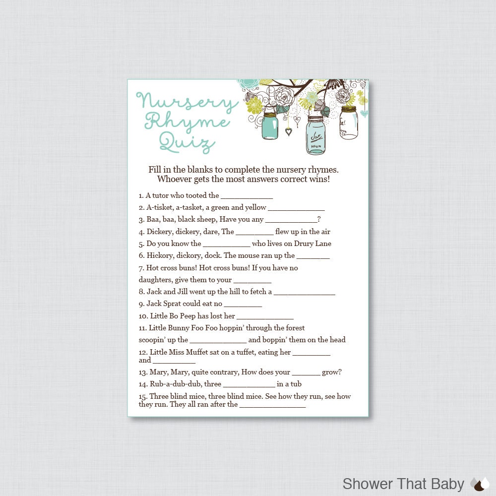 Nursery Rhyme Game Baby Shower Mason Jar In Blue Aqua Brown Printable Instant Download Mason Jar Nursery Rhyme Quiz 0064 A