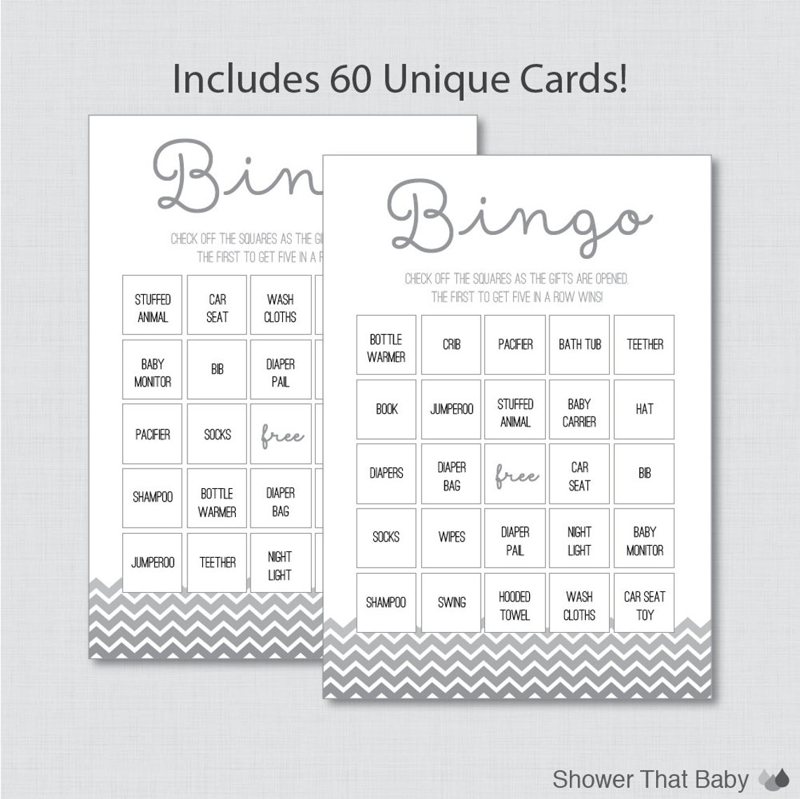 Chevron Baby Shower Bingo Cards in Gray Printable Blank - Etsy