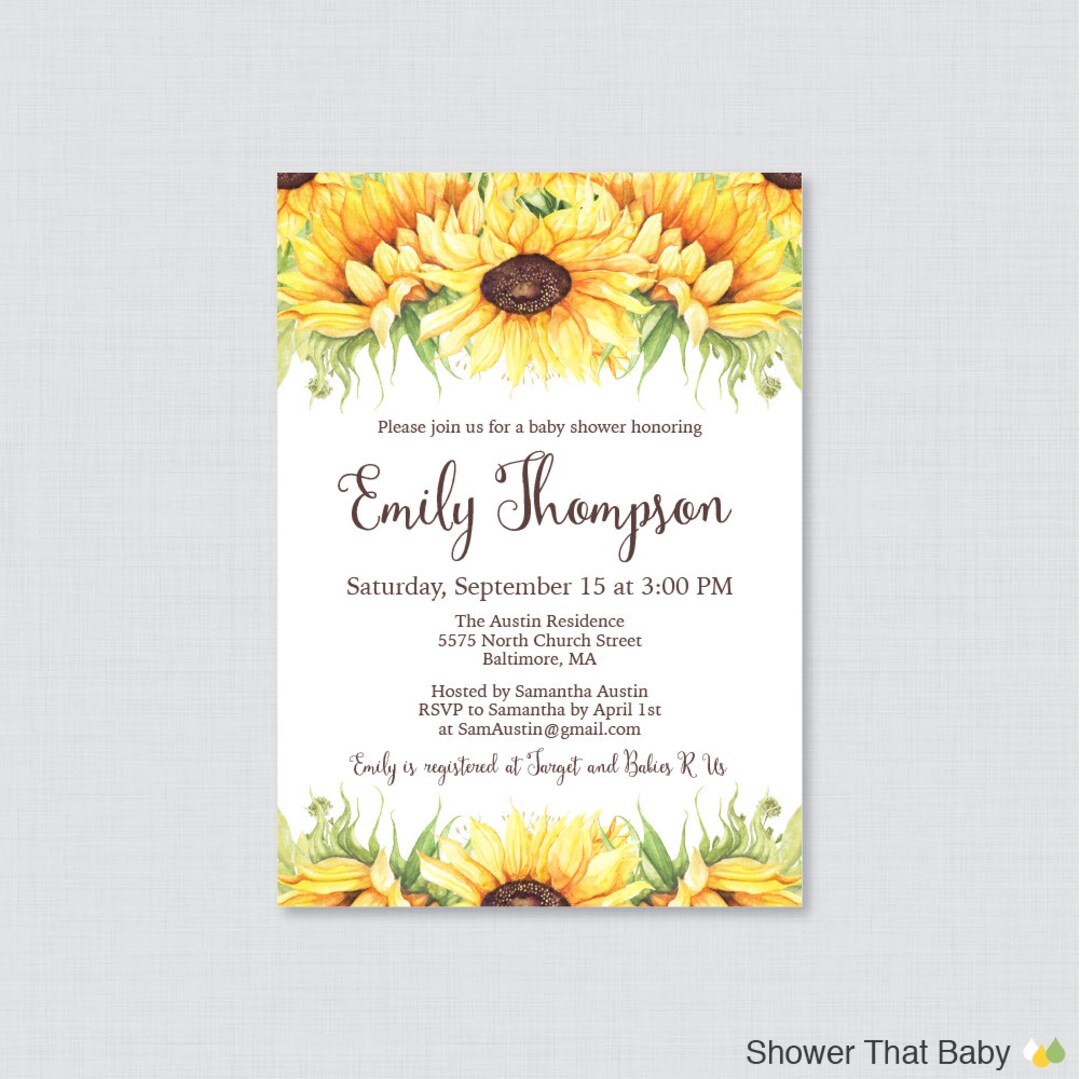 Sunflower Baby Shower Invitation Printable or Printed - Yellow ...