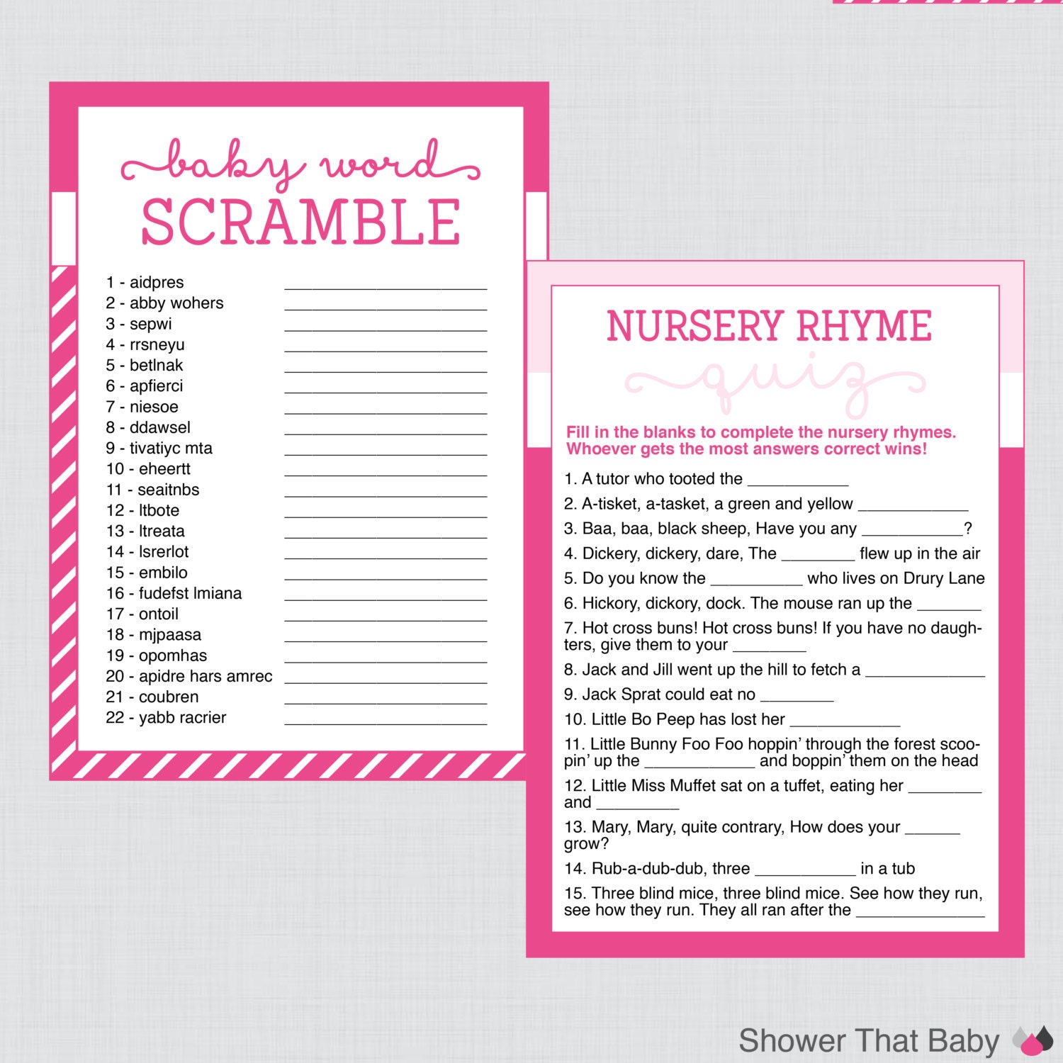 Baby Shower Games Package in Pink - Six Printable Games - Instant ...