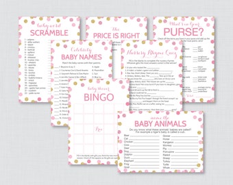 Pink and Gold Baby Shower Games Package with Glitter Polka Dots - Seven Printable Girl Baby Shower Games - Instant Download - 0008-p