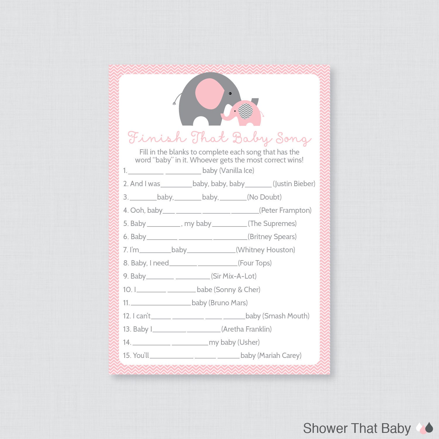 Pink Elephant Baby Shower Finish That Baby Song Printable Etsy