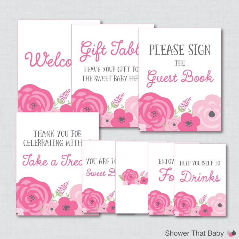 Printable Flower Baby Shower Table Signs - EIGHT Signs! Welcome Sign, Favors Sign, etc - Instant Download - Pink Spring Baby Shower 0018-P image 1