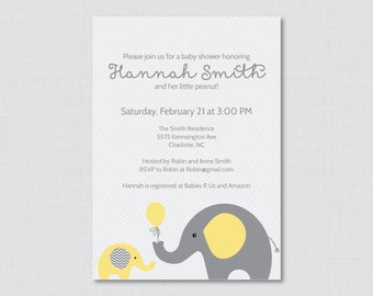 Elephant Baby Shower Invitation Printable or Printed Invite - Elephant Baby Shower Invites in Yellow and Gray and Chevron Baby - 0024-Y