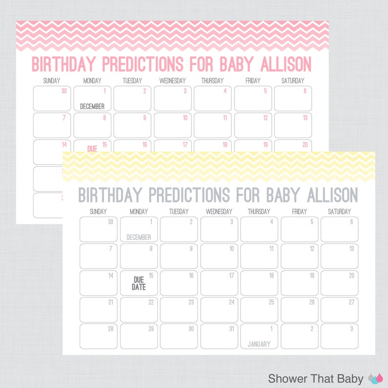 Baby Birthday Predictions Printable Chevron Baby Shower Calendar Birthday Guess the Birth Date Poster - Ombre Chevron bild 2