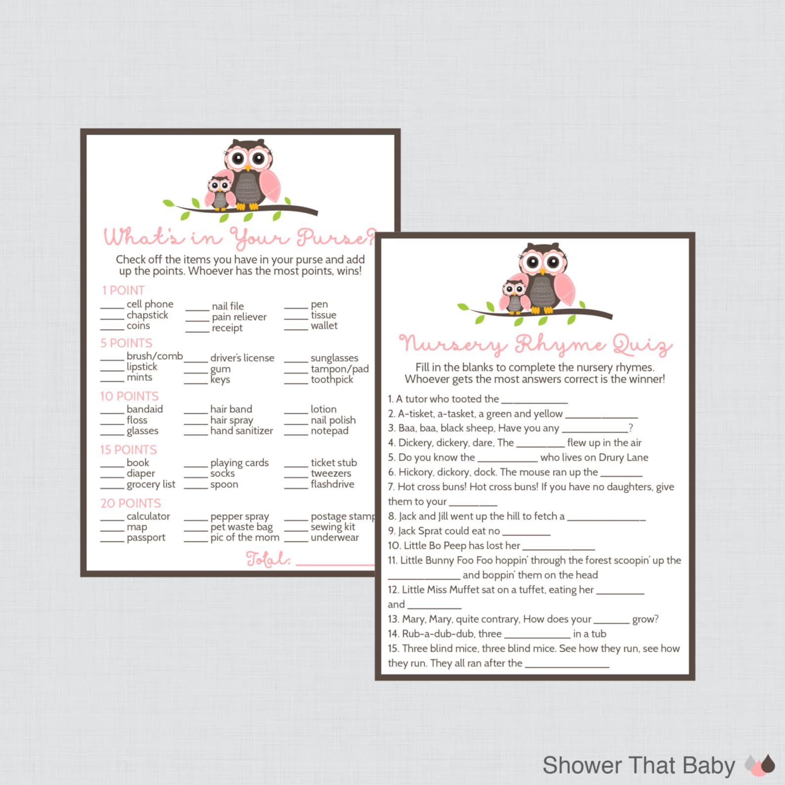 Owl Baby Shower Games Package in Pink and Brown Seven Etsy