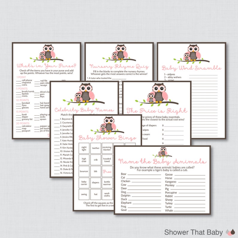 Owl Baby Shower Games Package in Pink and Brown Seven Etsy