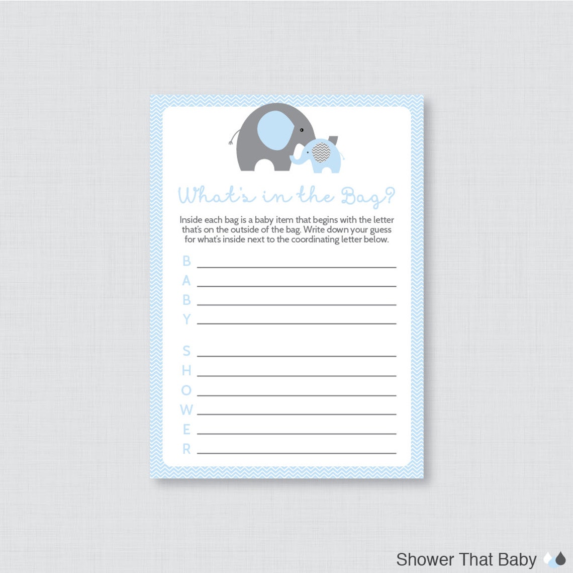 Elephant Baby Shower Bags Game Printable Guess What's in Etsy