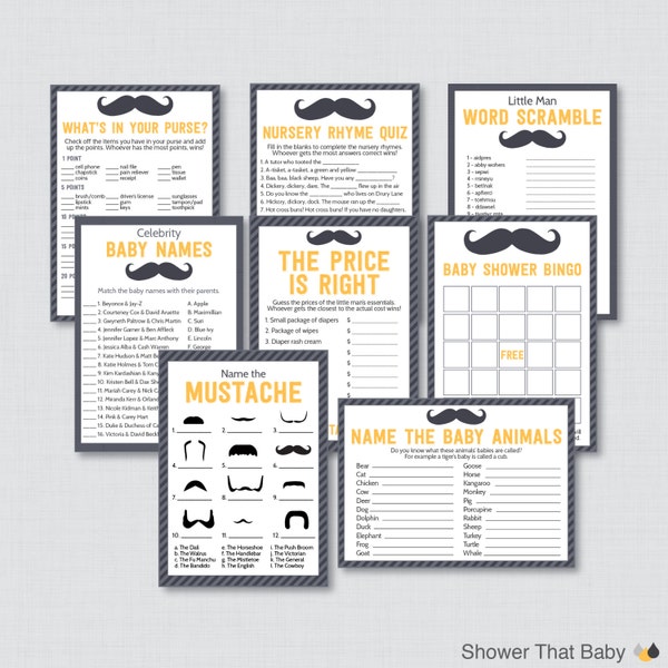 Mustache Baby Shower Games Package with Eight Printable Games - Little Man Baby Shower Boy Baby Shower Games - Instant Download - 0002-Y