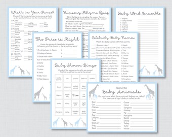 Giraffe Baby Shower Games Package in Blue and Gray - Seven Printable Games: Bingo, Price is Right, etc - Instant Download - 0011-B