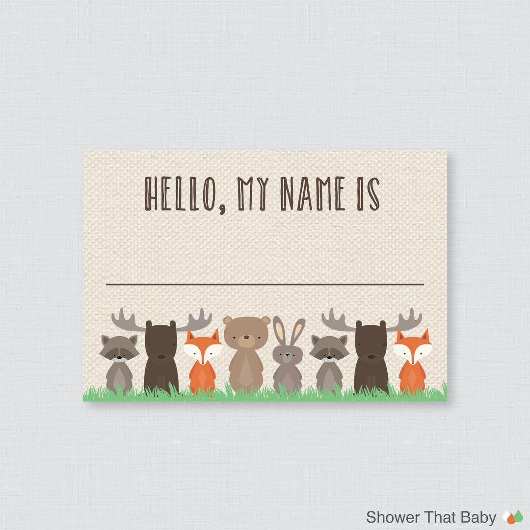 Printable Woodland Name Tag Stickers Woodland Themed Baby Shower Name