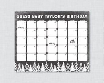 Winter Baby Shower Birthday Predictions - Printable Rustic Snow Trees Baby Shower Due Date Calendar & Birthday Guess Game Black 0039-K