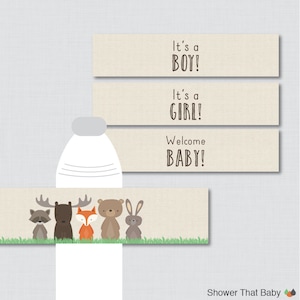 Woodland Baby Shower Water Bottle Labels Baby Shower Printable &quot;It&#39;s a Girl&quot; &quot;It&#39;s a Boy&quot; -  Instant Download - Woodland Baby Decor- 0010