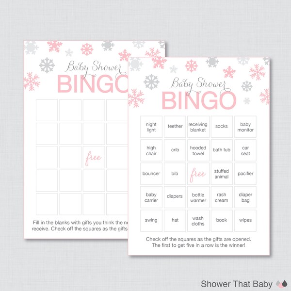 Winter Baby Shower Bingo Cards Printable - Prefilled Bingo Cards AND Blank Cards - Instant Download - Winter Wonderland Bingo Pink - 0004