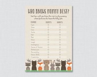 May include: A beige baby shower game card with the text "WHO KNOWS MOMMY BEST?" and a list of features to guess. The bottom of the card features a row of cartoon woodland animals. The text "Shower That Baby" is at the bottom.