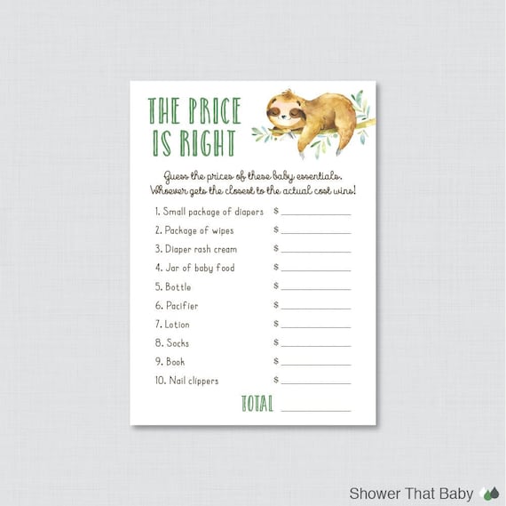 Sloth Baby Shower Price is Right Game Printable Sloth Baby - Main Image