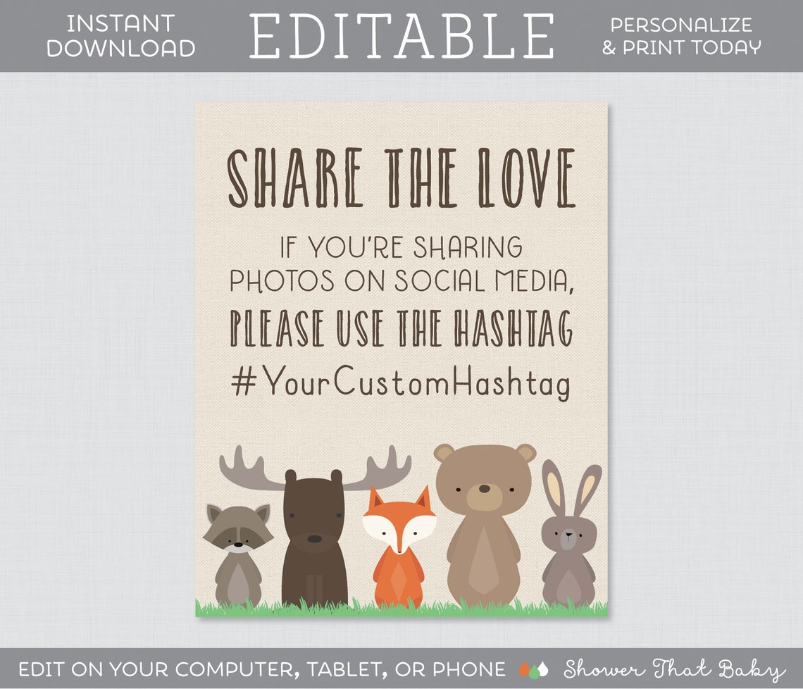 EDITABLE Woodland Baby Shower Hashtag Sign 8x10 Woodland Etsy