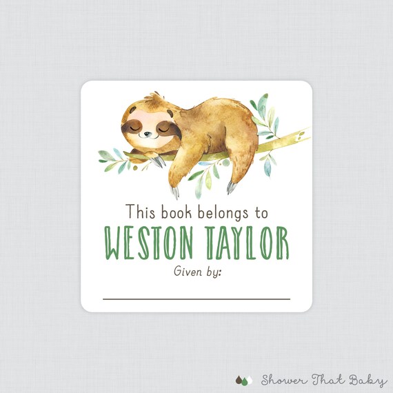 PRINTED Sloth Themed Bookplate Stickers Sloth Baby Shower Book