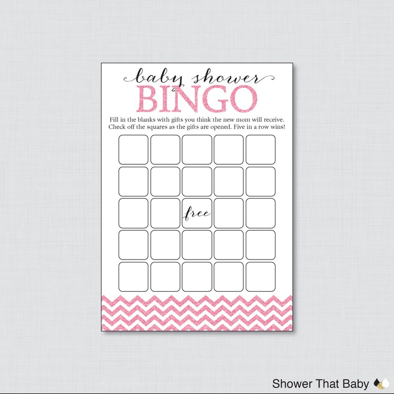 Pink Glitter Chevron Baby Shower Bingo Cards Printable Blank Image 0