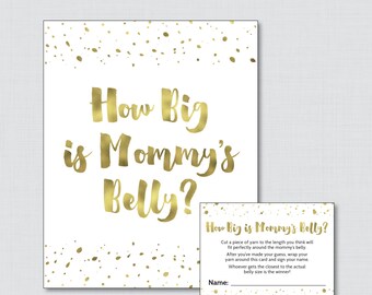 White and Gold Baby Shower How Big Is Mommy's Belly Game - Printable Baby Shower Belly Guessing Game, Guess Belly Size in Gold - 0022-W